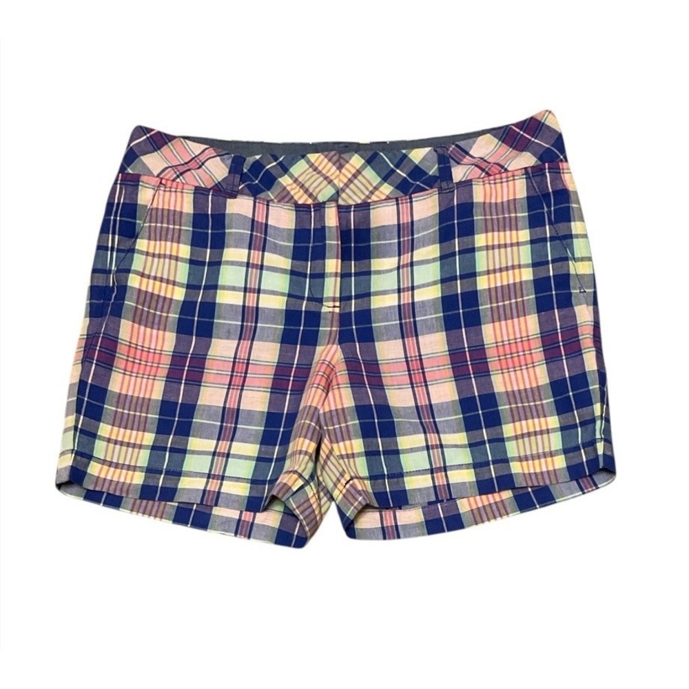 Talbots Perfect Shorts Womens 14 Petite Plaid Blue Pink Green Chino Linen Blend